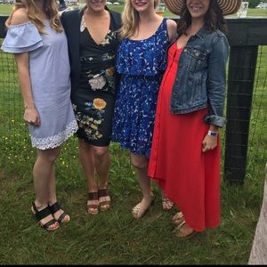 Off the shoulder blue and white dress